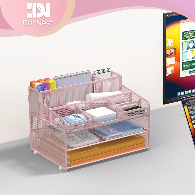 Docnest 3 Tier Mesh Desk Organizer with Letter Tray & Paper Sorter, Pink | Features 3 built-in pen holders & 5 adjustable compartments on top. Includes 4 non-slip rubber feet for desk protection