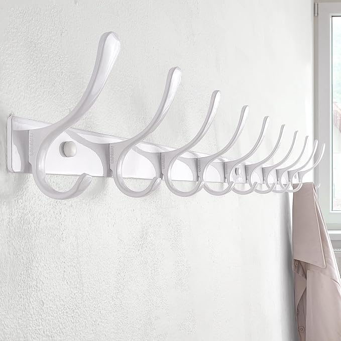 SKOLOO Coat Rack Wall Mounted - 10 Hooks, Pack of 2, Heavy Duty, Stainless Steel, Metal Wall Hangers, Sturdy Coat Hooks for Hanging Coats, Jacket, Clothes, Hat, White