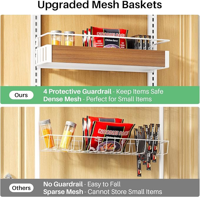 SNTD 8 Tiers Over the Door Organizer - Height Adjustable Pantry Organizers and Storage with Dense Mesh Baskets, Anti-Swing Hanging Door Spice Rack for Kitchen Bathroom (Walnut, 17" W x 6" D x 69" H)