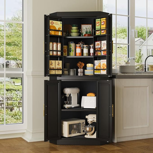 GAIOUS 63" Tall Metal Corner Kitchen Pantry Cabinet, Steel Storage Cabinets with 4 Doors and 3 Shelves, Kitchen Food Cabinets with 6 Door Panel Shelves, Farmhouse Cupboard for Kitchen Dining, Black