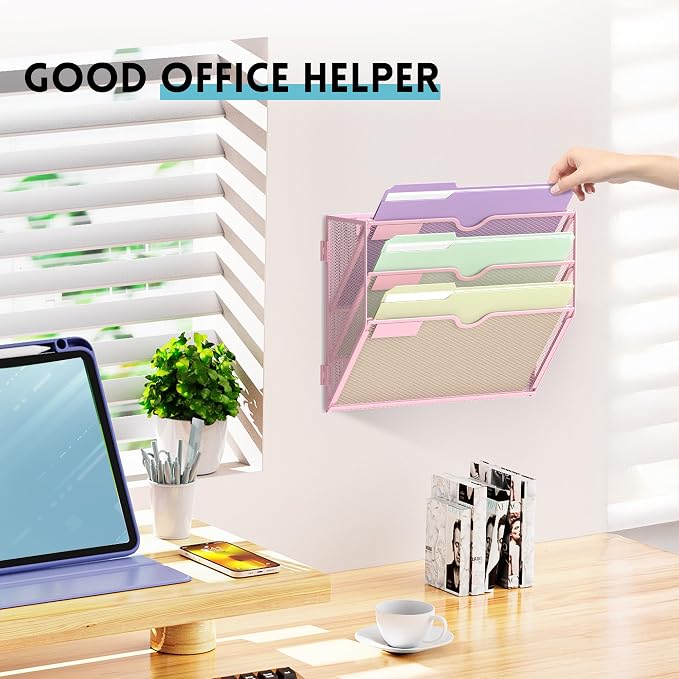 SUPEASY 3 Tier Wall File Organizer, Hanging Wall Mounted Mail Organizer with Label Slots, Metal Mesh File Holder Magazine Rack for Office, Home, School, Pink