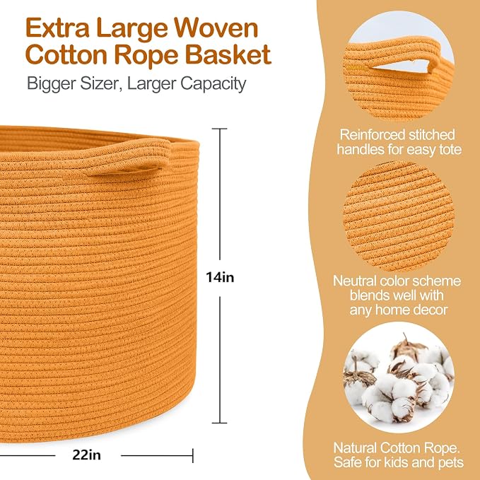 Extra Large Orange Basket, 22" X 22" X 14" Woven Cotton Rope Bins for Blankets, Baby Nursery Wicker Laundry Towel Basket, Kids Dog Toy Storage Box, Big Orange Living Room Decor Organizer