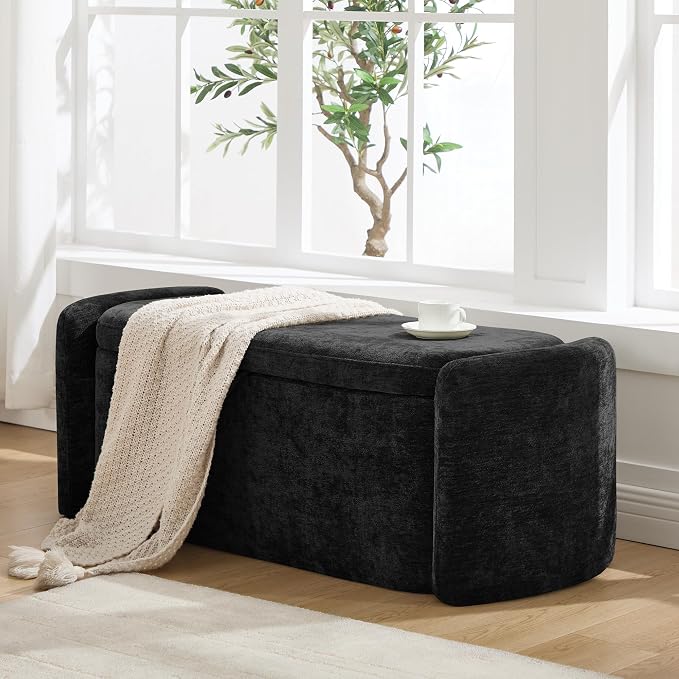 Oval Ottoman Bench with 20 Gal of Storage Space Upholstered Chenille Seat End of Bed Storage Bench Storage Ottoman with Storage for Bedroom, Living Room, Entryway, Window (Black)