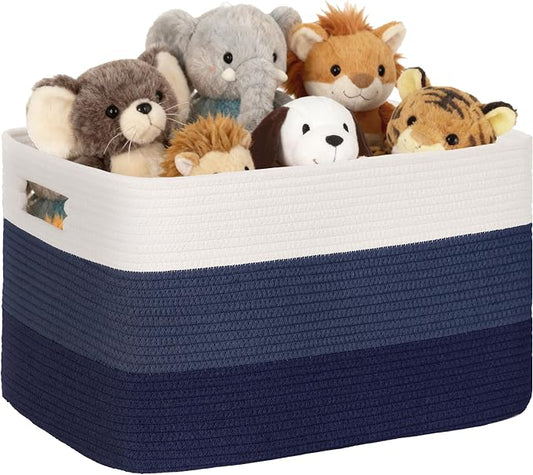 72L Large Woven Laundry Basket Hamper with Handles, Gradient Blue | collapsible wicker hamper, storage for dirty clothes, toys, blankets, gifts, living room, bedroom, bathroom, 22"x17"x12"