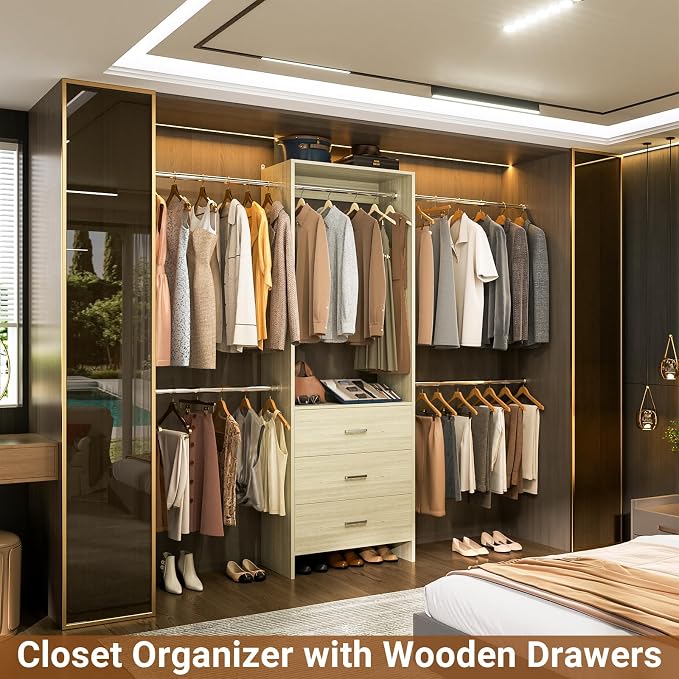 Aheaplus Closet System, Closet Organizer with 3 Wooden Drawers, Closet Organizer System, Walk-in Closet Wardrobe Clothes Rack with 4 Hanging Rods, Garment Rack, -4R,White Oak