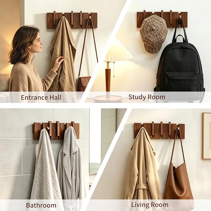 Wood Coat Rack Wall Mount - Large Walnut Piano Coat Rack wtih 5 Hooks for Hanging Clothes,Keys,Robes,Purse,Towels,Modern Decorative Wall hooks Heavy Duty Hanger Organizer for Bathroom/Bedroom/Entryway