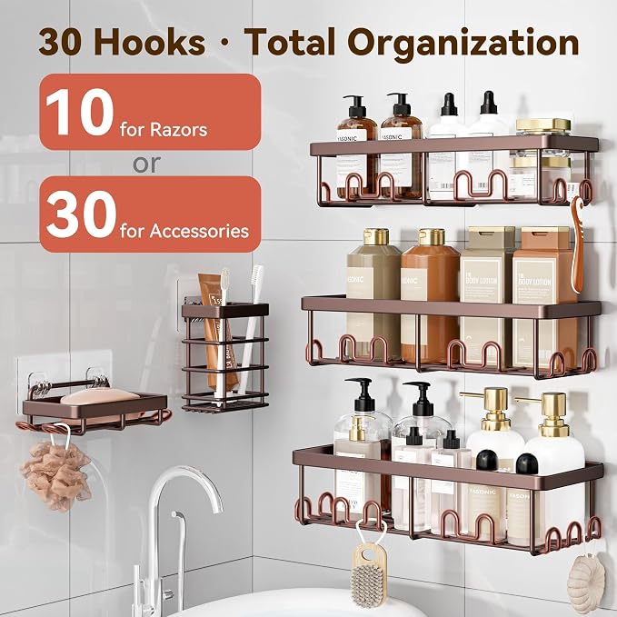 YASONIC Shower Caddy Adhesive, 100% Rustproof Shower Organizer with Soap and Toothbrush Holder, Large Capacity Shower Shelves for Inside Shower, No Drill Shower Storage for Home (5 Pack Bronze)
