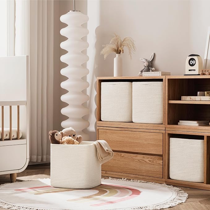 joybest 13inch Cube Storage Bins, Cotton Rope Woven Organizer Basket | Set of 4 Cube Bin Square Shelves Organizer Closet Storage, Nursery, Toy Organization, Beige