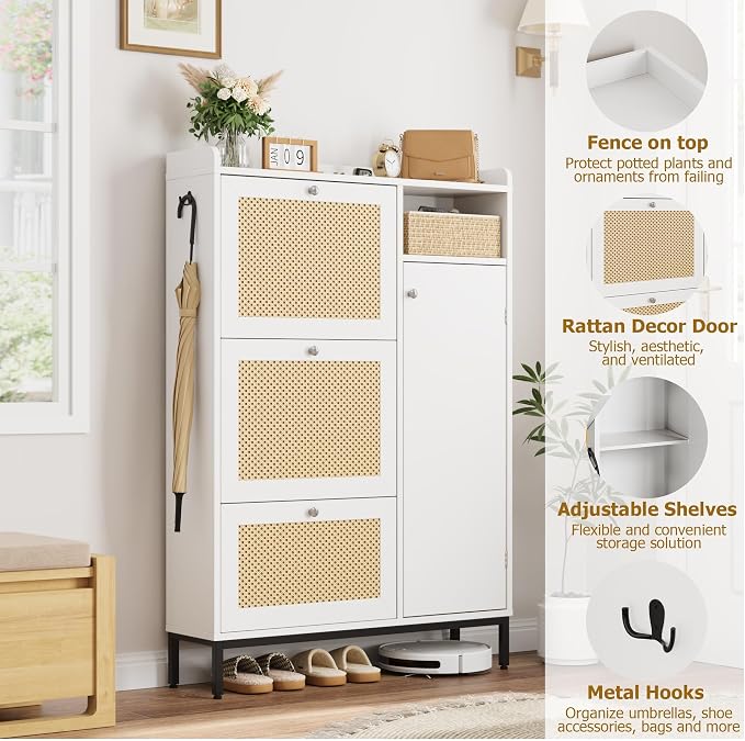 Garvee Shoe Cabinet with 3 Flip Drawers and 4-Tier Shoe Storage Cabinet, Freestanding Shoe Organizer with Adjustable Shelf and Rattan Doors for Entryway, Closet, Hallway