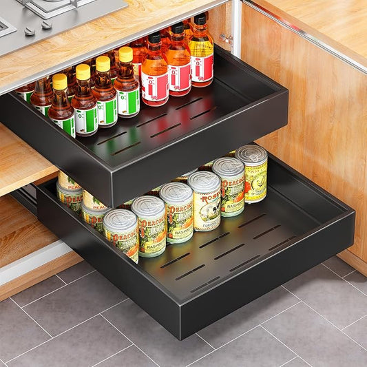 2Pack Pull out Cabinet Organizer, 21"Deep, Heavy Duty Full-extension Slide out Drawers for Kitchen Cabinet, Roll out Shelf Storage with Nano Adhesive for Pots,17"W x 21"D x 3.1"H, Black