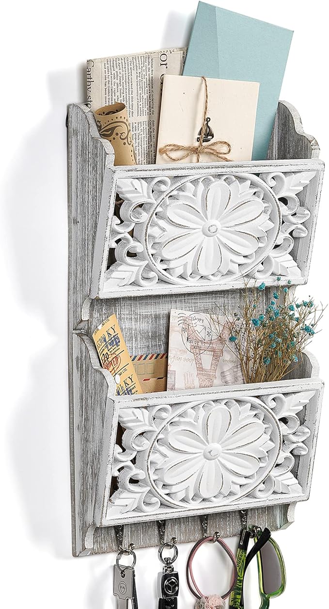 2-Slot Mail Organizer Wall Mount with 4 Hooks | Rustic Key and Mail Holder for Home Decorative, Wooden Key Hangers Wall File Organizer Letter Sorter for Letter Magazines