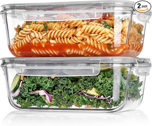 Vtopmart 2Pack 1860ml/63oz Large Glass Storage Containers With Lids, Grey | Meal Prep Food Container Set with Snap Airtight Lid, For Baking, Microwave, Oven, Leak Proof, Freezer, Dishwasher, BPA Free