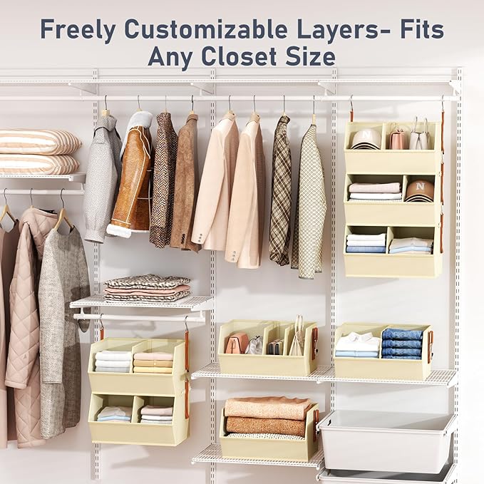 Hanging Closet Organizer Extra Large, Clothes Hanging Shelves for Closet with Divider, Collapsible Closet Storage System, Fabric Closet Hanging Organizer for Home, Dorm, Rv, ,Handbags, Underwear, Sock