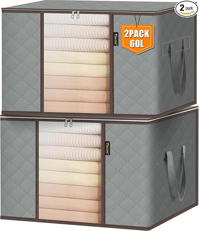 BALEINE 2 Pack Clothes Storage Bags, 16 Gallon Storage Containers with Reinforced Handle, Sturdy Zipper, Closet Organizer for Blanket, Comforter, Pillow, Bedding (Grey, 2 Pack)