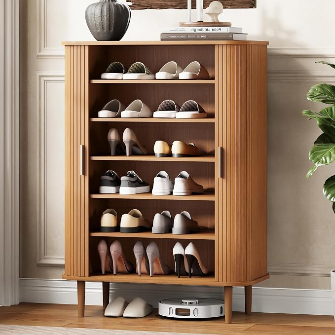 DHH Shoe Storage Cabinet with Sliding Door, 6-Tier Shoe Cabinet with Adjustable Shelves, Mid-Century Modern Freestanding Shoe Storage Organizer for Entryway, Hallway, Living Room (Yellow,31.5 ")