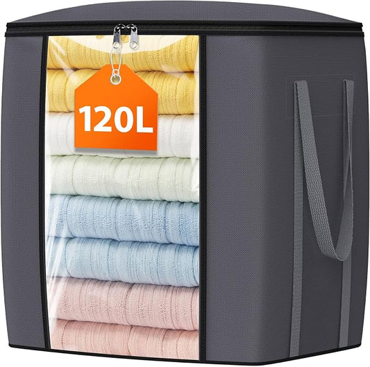 TasticTotes 120L Extra Large Blanket Clothes Storage Bags, Gray, 1 Pack | Foldable Blanket Storage and Organization, Thick Fabric Containers with Reinforced Handles & Zippers for Comforters, Bedding