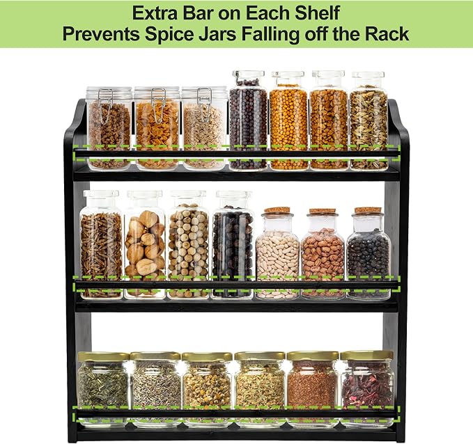 3 Tier Bamboo Spice Rack Wall Mount or Countertop,Spice Organizer | Seasoning Jars Rack Spice Shelf Organizer for Kitchen Counter or Wall Mounting (Black)