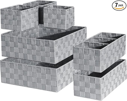 Drawer Organizer, Cube Baskets for Storage Shelves, Handmade Small Woven Basket, Shallow Storage Bins for Organizing Desk, Dresser, Kitchen, Pantry, Nested 7 Pack, Gray