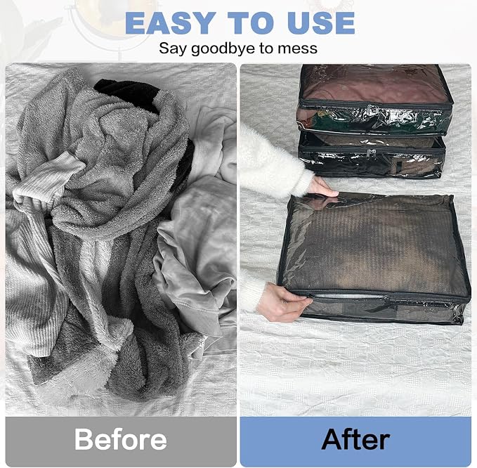 Clear Zippered Plastic Clothes Storage Bags, 6 Pack, Black | Clear Storage Bags with Zipper Plastic Storage Bags for Clothes Sweaters Blankets Sheets, Size: 12 x 12 x 4 Inch