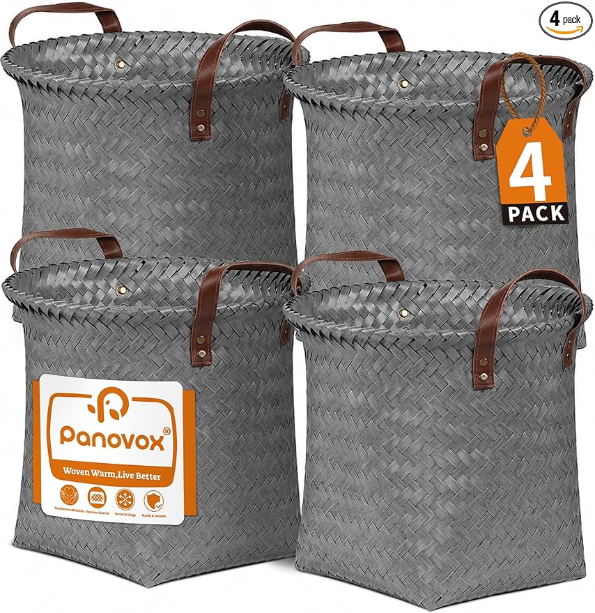 Wicker Storage Baskets, 4 Pack Woven Baskets for Shelves, Grey | PP Rattan, Water-resistant Wicker Basket, Large Baskets with Faux Leather Handles for Blanket, Laundry Organizer, Room Decor