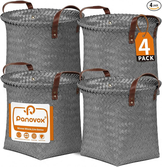 Wicker Storage Baskets, 4 Pack Woven Baskets for Shelves, Grey | PP Rattan, Water-resistant Wicker Basket, Large Baskets with Faux Leather Handles for Blanket, Laundry Organizer, Room Decor