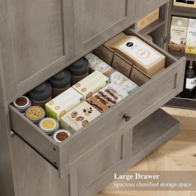 HOSTACK 68" H Kitchen Pantry Storage Cabinet with Doors & Shelves, Ash Gray | Large Pantry Cabinet with Door Rack, Freestanding Kitchen Storage Cabinet with Drawer, Food Pantry for Dining Living room