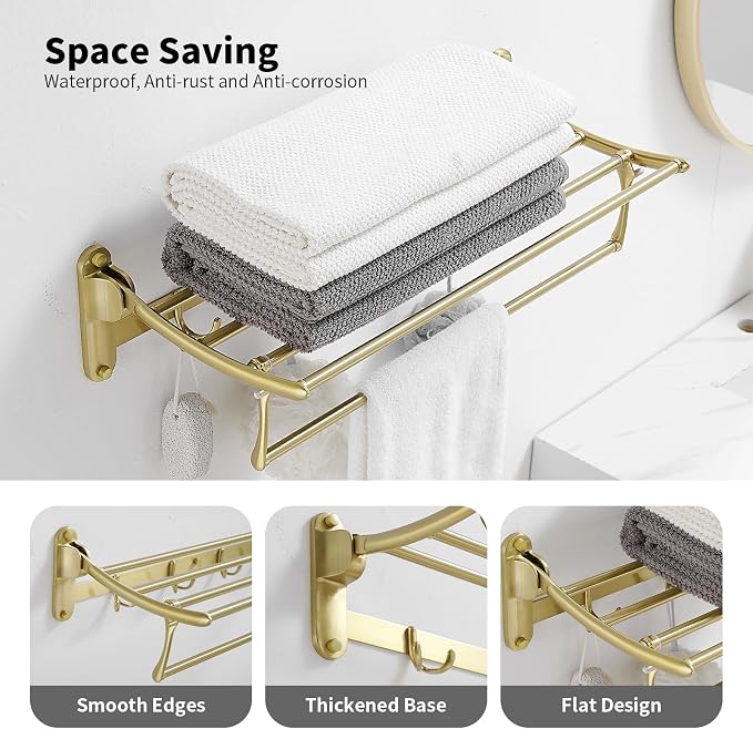 24 Inch Brushed Gold Towel Racks, Bathroom Towel Shelf with Foldable Towel Bar Holder and Towel Hooks, Wall Mounted Multifunctional Bathroom Accessories, Double Towel Bars