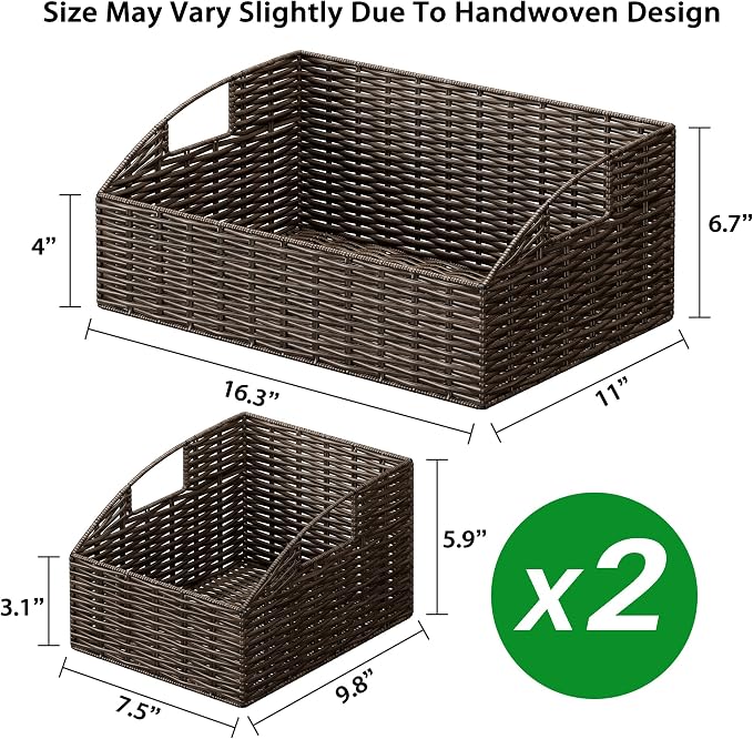 Pantry Baskets for Organizing, Wicker Basket Shelf Storage | Handwoven Pantry Organizers and Storage with Built-in Handles, Laundryroom Organization Storage Bins for Snack Cans