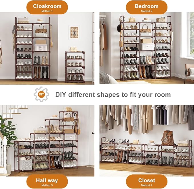 WOWLIVE 9 Tier 3-Column Shoe Rack, 50-55 Pairs Stackable Brown | 50in long for larger entryways. Removable shelves fit tall boots. Split into multiple units for garage/closet.