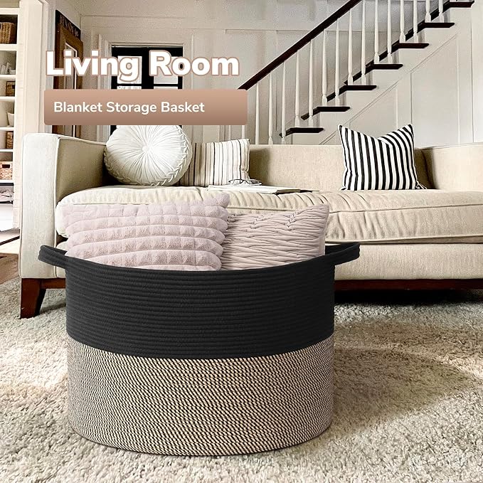 Goodpick 115L Extra Large Blanket Basket, Kids Toy Storage for Nusery Room | 23.5 x 23.5 x 15.8 In Woven Basket for Storage, Kids Toy Storage for Playroom, Laundry Basket for Towels, Black & Mix Jute