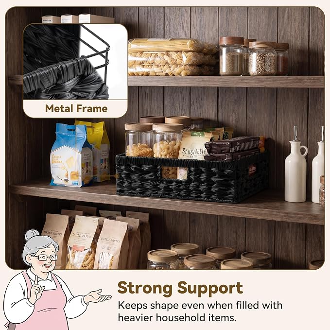 GRANNY SAYS Wicker Storage Basket for Shelves, Wicker Basket for Organizing, Shallow Basket, Woven Basket for Pantry Storage, Black, 1-Pack