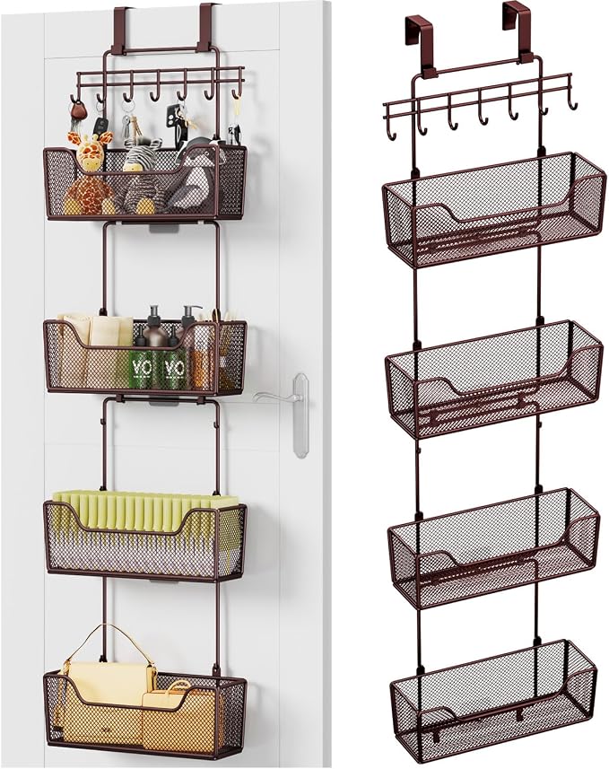 HapiRm Over The Door Organizer - Hanging Door Organizer with 4 Metal Large Capacity Baskets and Adjustable Coat Hook for Bathroom Bedroom Kitchen Pantry Closet Cabinet