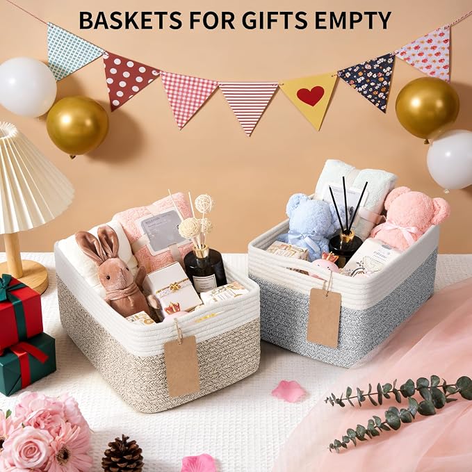 Goodpick 4 Pack Woven Rope Storage Baskets for Shelves, Brown | 13" x 8" x 6", Rectangle Design, Reinforced Handles, Shelf & Closet Organization, Baby Toys, Books, Gifts & Nursery Storage