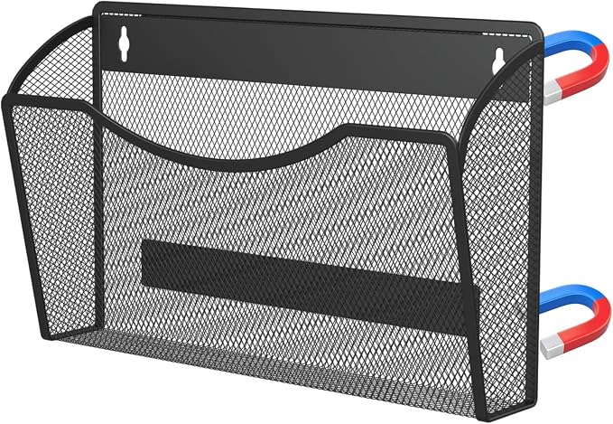MINDEPOT Magnetic Wall File Organizer, Hanging File Holder, 1 Pack, Black | Heavy Duty Iron, Powerful Magnet, Metal Mesh Wall Mount, Single Pocket, for Office School Classroom Home, Letter A4 Size