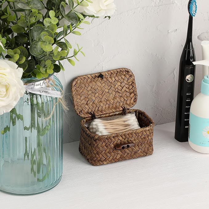 Mini Wicker Basket with Lid, Seagrass Organizer, 4.3"x2.5"x2.1" | Small Wicker Storage Basket Natural Decorative Box for Shelf, Bathroom, Home Decor