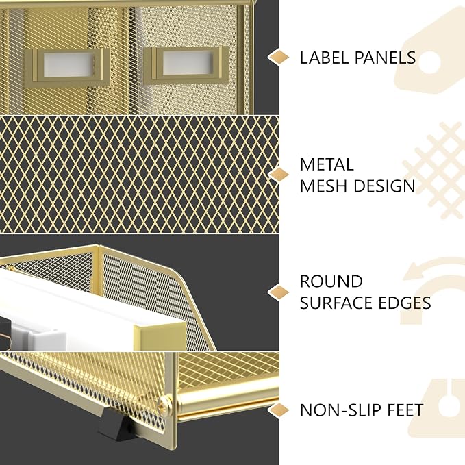 DALTACK 5-Slot Magazine File Holder, Metal Binder Holder, Gold | Iron Mesh Construction, Labeled Sections for Easy Sorting, Anti-Slip Feet, Binder and Folder Storage for Office, Classroom