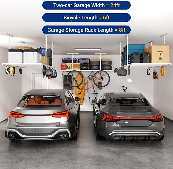 FLEXIMOUNTS 4x8 Overhead Garage Storage Rack with 6 Hooks, 2 Pack, White | 750lbs Capacity, 22.6"–39.4" Adjustable Dropdown, Heavy-Duty Metal Ceiling Racks, Storage Organization System, Lite Series