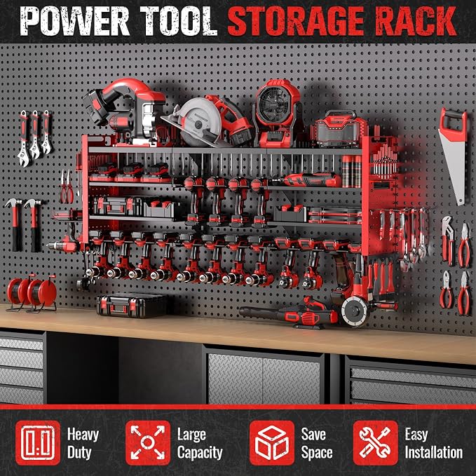 49.8" Power Tool Organizer Wall Mount,Holds 18 Cordless Drills | Large 4-Tier Tool Storage Rack, Heavy Duty 450 lb Load Capacity for Garage Workshop, Black, Gift for Men