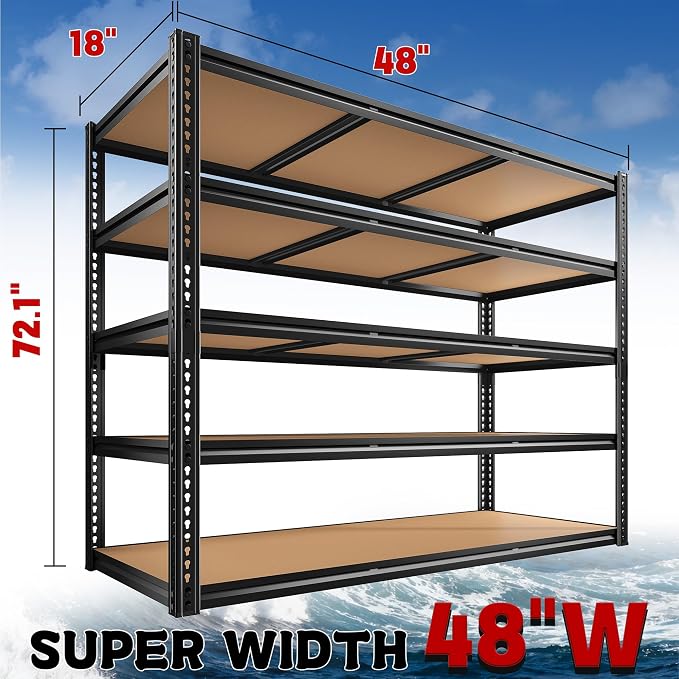 48" W Garage Shelving, Garage Storage Shelves Heavy Duty 3000LBS, 5 Tire Adjustable Metal Shelving Unit Industrial Shelving for Warehouse, Pantry, Closet, Kitchen, 72" H x 48" W x 18" D, Black