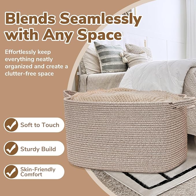Goodpick Extra Large Woven Blanket Basket, Rectangle Storage, Brown | 85L, 23.6 x 15.7 x 13.8 in, Cotton Rope, Living Room, Bedroom & Nursery Organization, Blankets, Toys & Clothes Storage