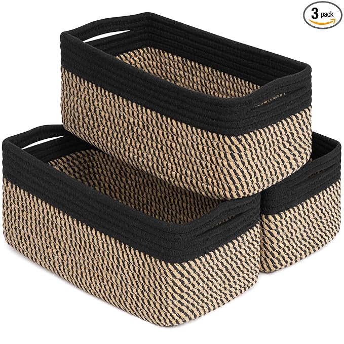 Goodpick 3-Pack Wicker Storage Baskets for Organizing, 13 x 8 x 5 in | Woven Baskets for Shelves, Closet Organizer Bins, Empty Baskets for Gifts,Woven Basket for Play Room, Black & Jute