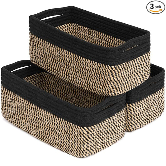 Goodpick 3-Pack Wicker Storage Baskets for Organizing, 13 x 8 x 5 in | Woven Baskets for Shelves, Closet Organizer Bins, Empty Baskets for Gifts,Woven Basket for Play Room, Black & Jute