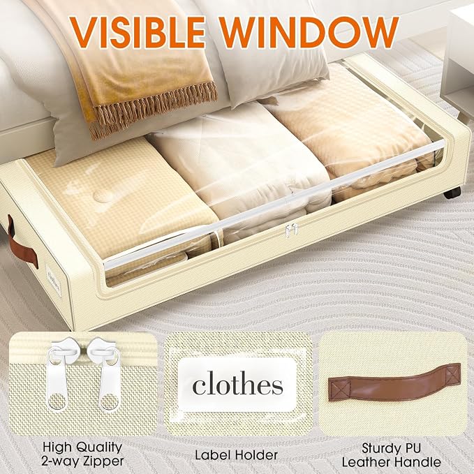 SpaceHacks Under Bed Storage with Wheels 3Pack Underbed Storage with Clear Window&Label Under Bed Drawers Large Capacity Rolling Under Bed Storage for Clothes,Shoes, Blankets (Beige)