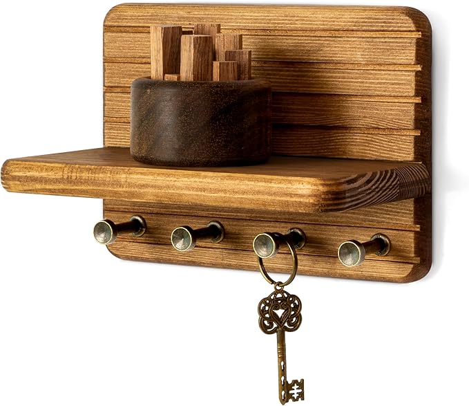 Rebee Vision Small Key Holder Wall Mount with 4 Hooks for Entryway, Yellow | Pine Wood, Round Corner, Key Holder for Wall, Mini Floating Shelf, Plant Display, Space-Saving, Tidy Home Accent