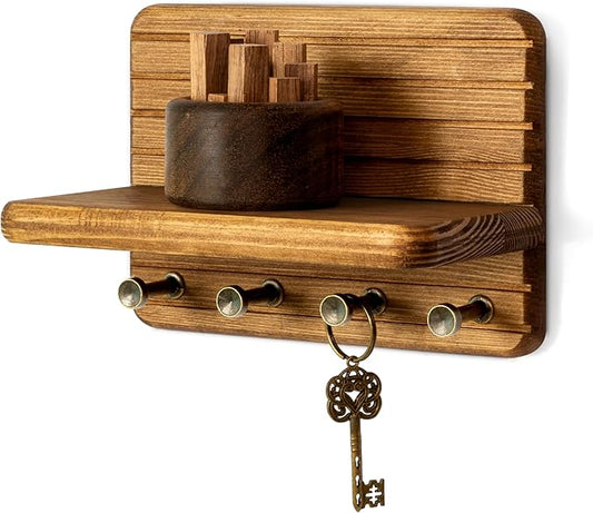 Rebee Vision Small Key Holder Wall Mount with 4 Hooks for Entryway, Yellow | Pine Wood, Round Corner, Key Holder for Wall, Mini Floating Shelf, Plant Display, Space-Saving, Tidy Home Accent