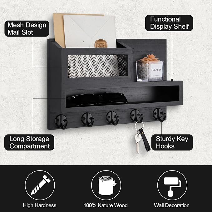 Key and Mail Holder Wall Mount, Key Hanger with Long Storage Box and 5 Hooks for Coat, Dog Leash, Home Decor Rack, House Accessories, Entry Way Organizer 11.8”W x 7.8”H x 3.2”D