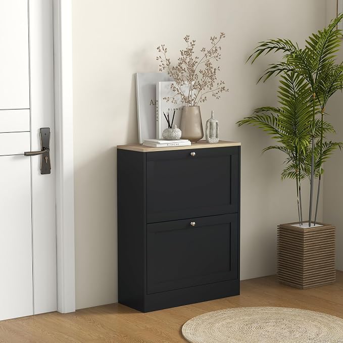 HOMCOM Shoe Cabinet with 2 Flip Drawers, Narrow Slim Shoe Rack, Black | Freestanding, Storage Cabinet, for Entryway, Hallway