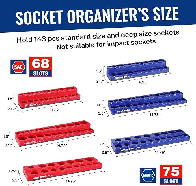 WORKPRO 8-Piece Magnetic Socket and Wrench Organizer Set | 6-Piece Socket Holders, 1/4" 3/8" 1/2" DR Tool Trays, For Metric SAE Sockets, 2-Piece Wrench Holders, For Metric SAE Wrenches