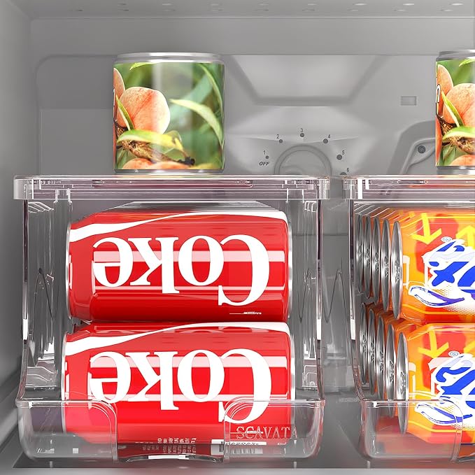SCAVATA 4 Pack Stackable Refrigerator Organizer, Soda Can Dispenser Pop Cans Container Beverage Holder with Lid for Fridge, Freezer, Kitchen, Clear Plastic Storage Bins-Holds 10 Cans Each