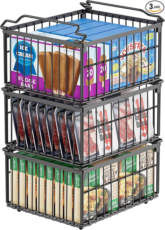 Freezer Organizer Bins, 3 Pack Enlarged Baskets for 5-9 Cu.FT Deep Freezer | Stackable Chest Freezer Organizer Bins, Foldable with Handles, Black Storage Container Baskets for Sort Frozen Meats